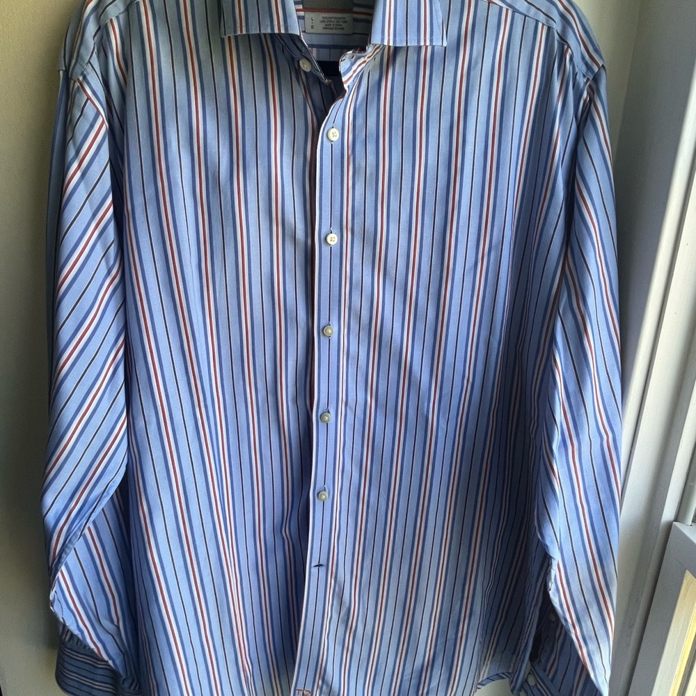 Thomas Dean Blue Dress Shirt with White and Red Stripes